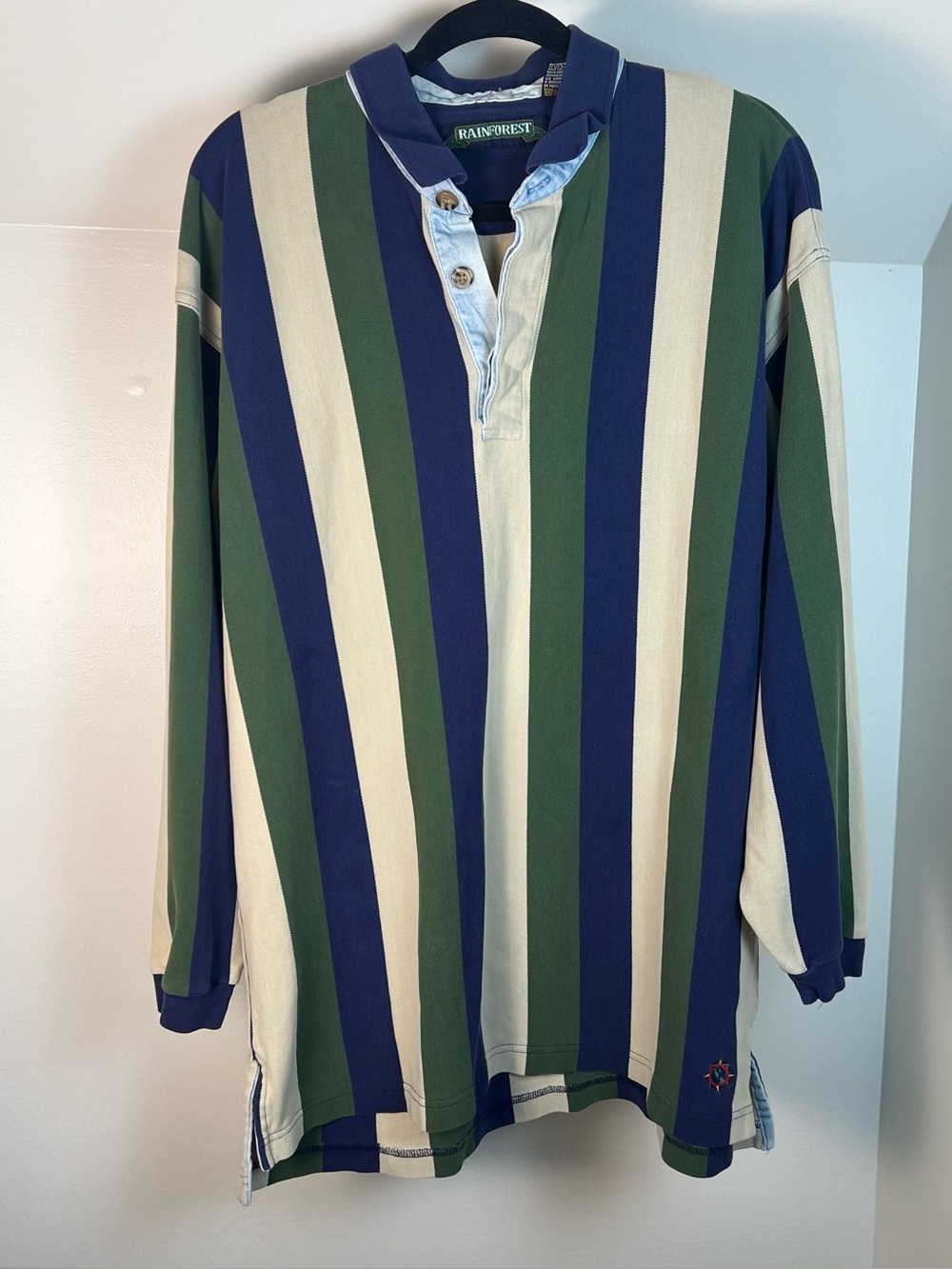 RAINFOREST Men's Navy Green Cream Vertical Stripe Rugby Shirt